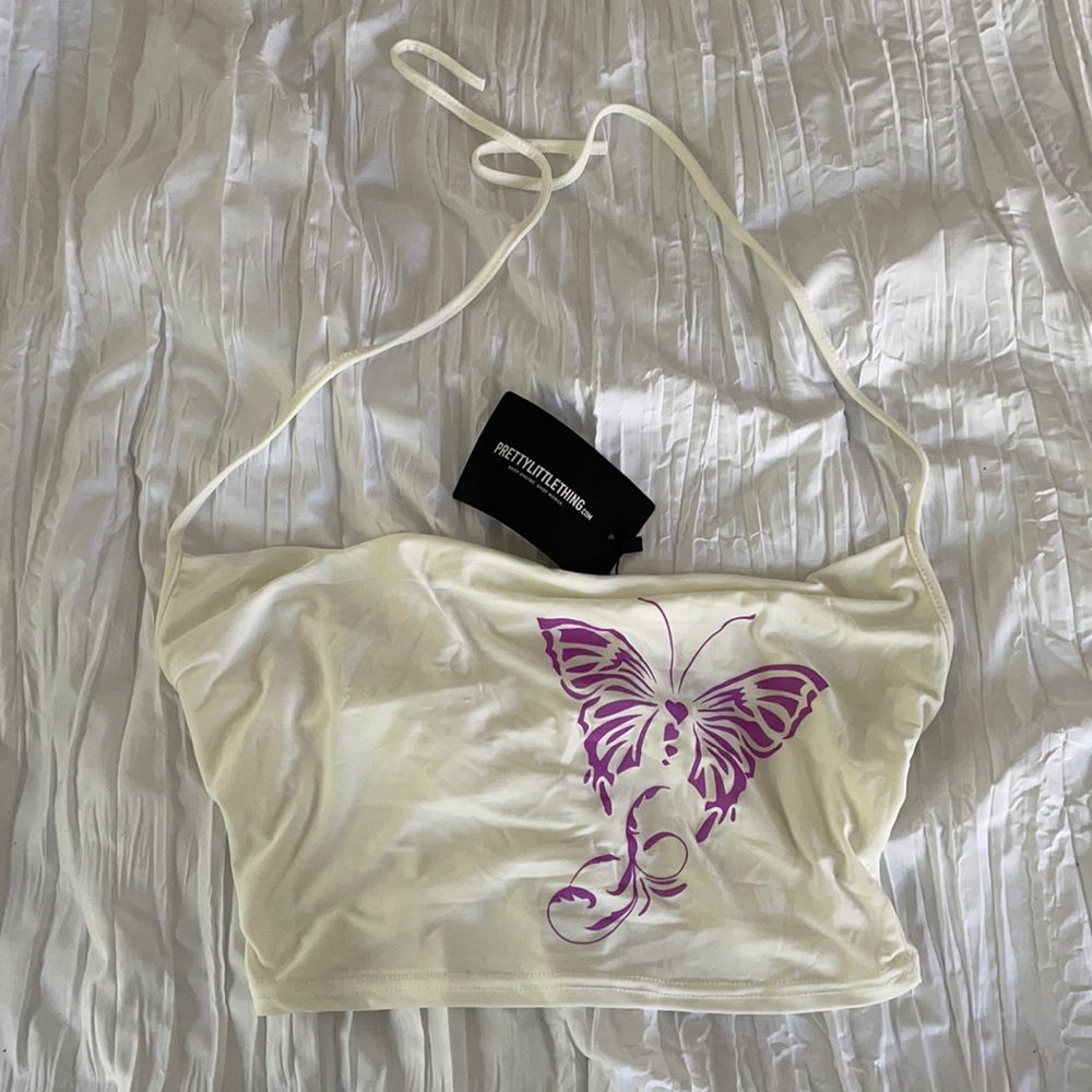 PLT White Slinky Butterfly Printed Cowl Cropped Cami